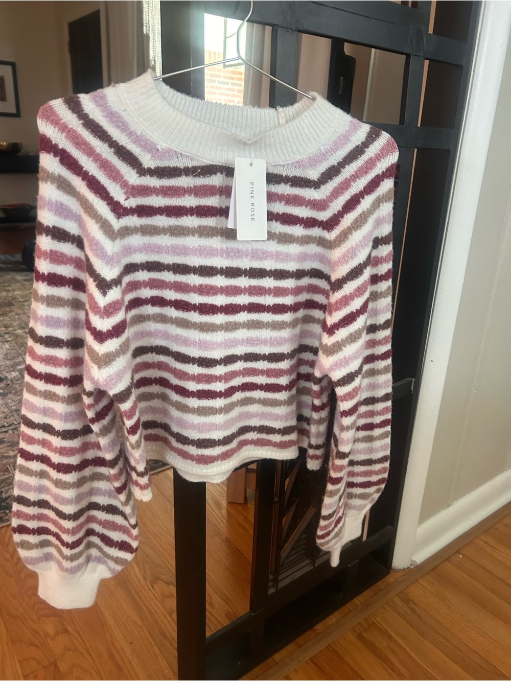 Pink Rose Multi-Striped Crewneck Sweater - White, Pink & Brown
